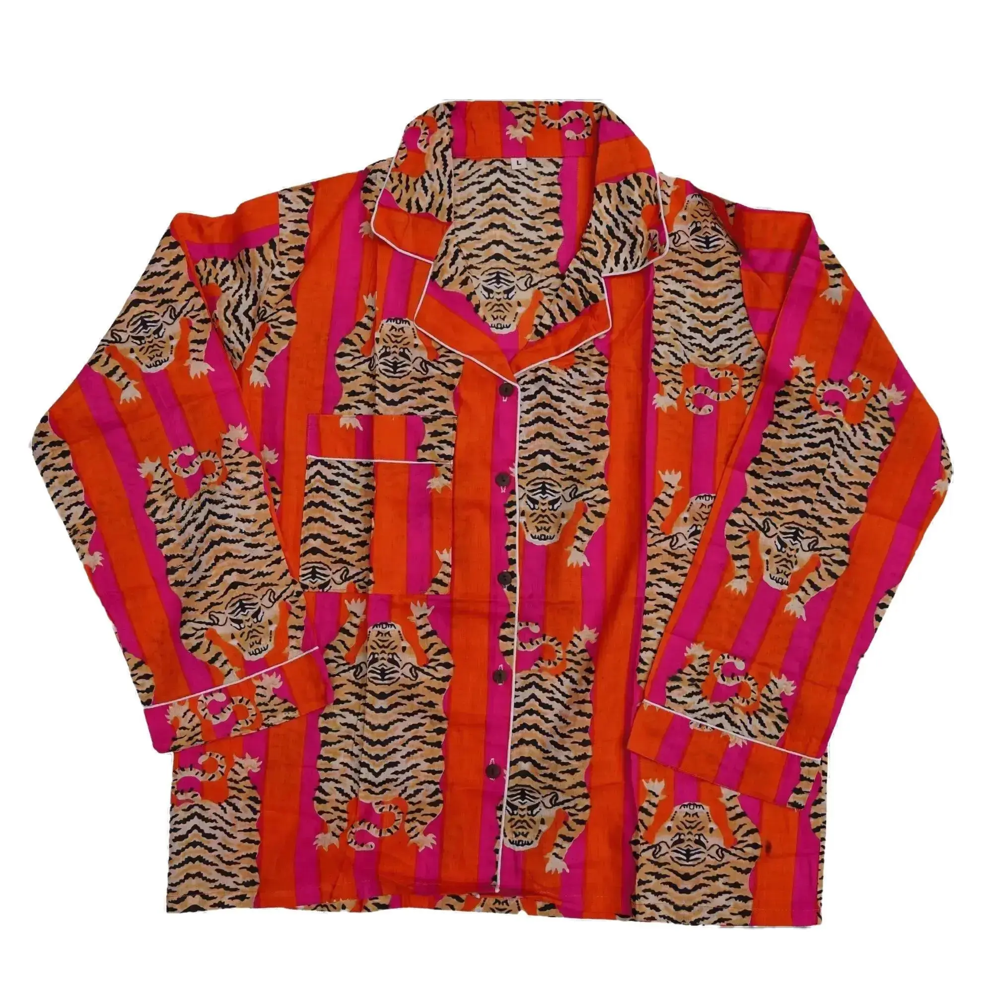 Pink & Orange Striped Tiger Pajama Set Cotton