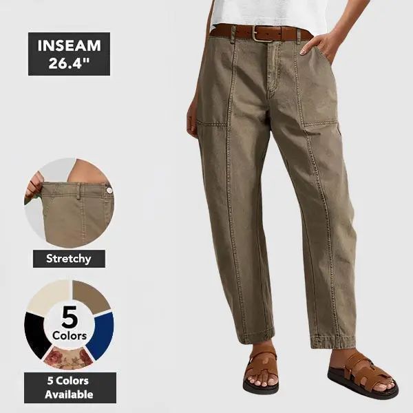 Flamingals Solid Stitch Detail Mid Waist Baby Barrel Fit Deep Pockets Pants High Stretch 26.4" Inseam Casual Women's Fashion Elevated Basic Flamingals Solid Stitch Detail Mid Waist Baby Barrel Fit Deep Pockets Pants High Stretch 26.4" Inseam Casual Women's Fashion Elevated Basic