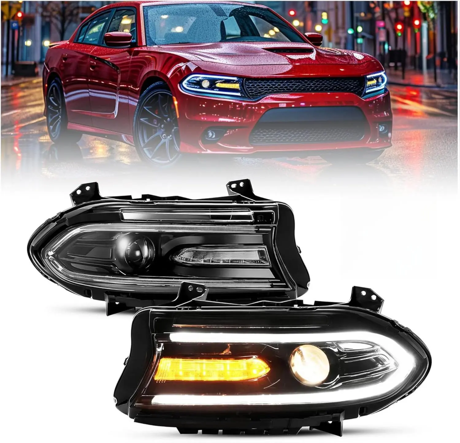 HECASA Projector Headlights Assembly w/Bulbs&LED Compatible with 2015-2023 Dodge Charger Dual LED Tube Bar DRL Headlamps Clear Lens+Black Housing Left & Right Replacement for CH2503270 CH2503271