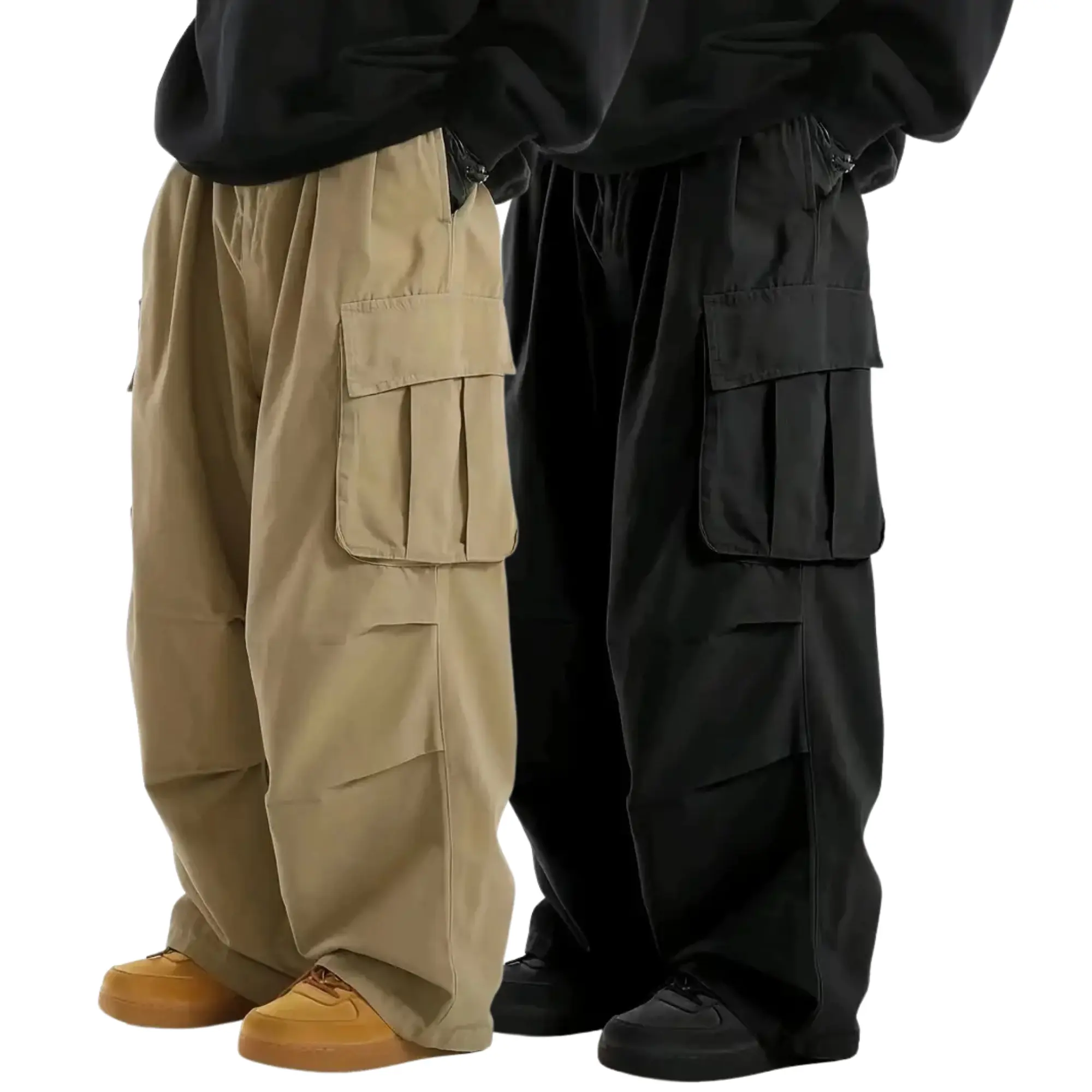 Men’s loose wide-leg cargo pants featuring a three-dimensional multi-pocket design and an elastic waistband for comfortable wear without tightness. Crafted from a drapey yet structured fabric, they offer a retro, versatile look suitable for street style a