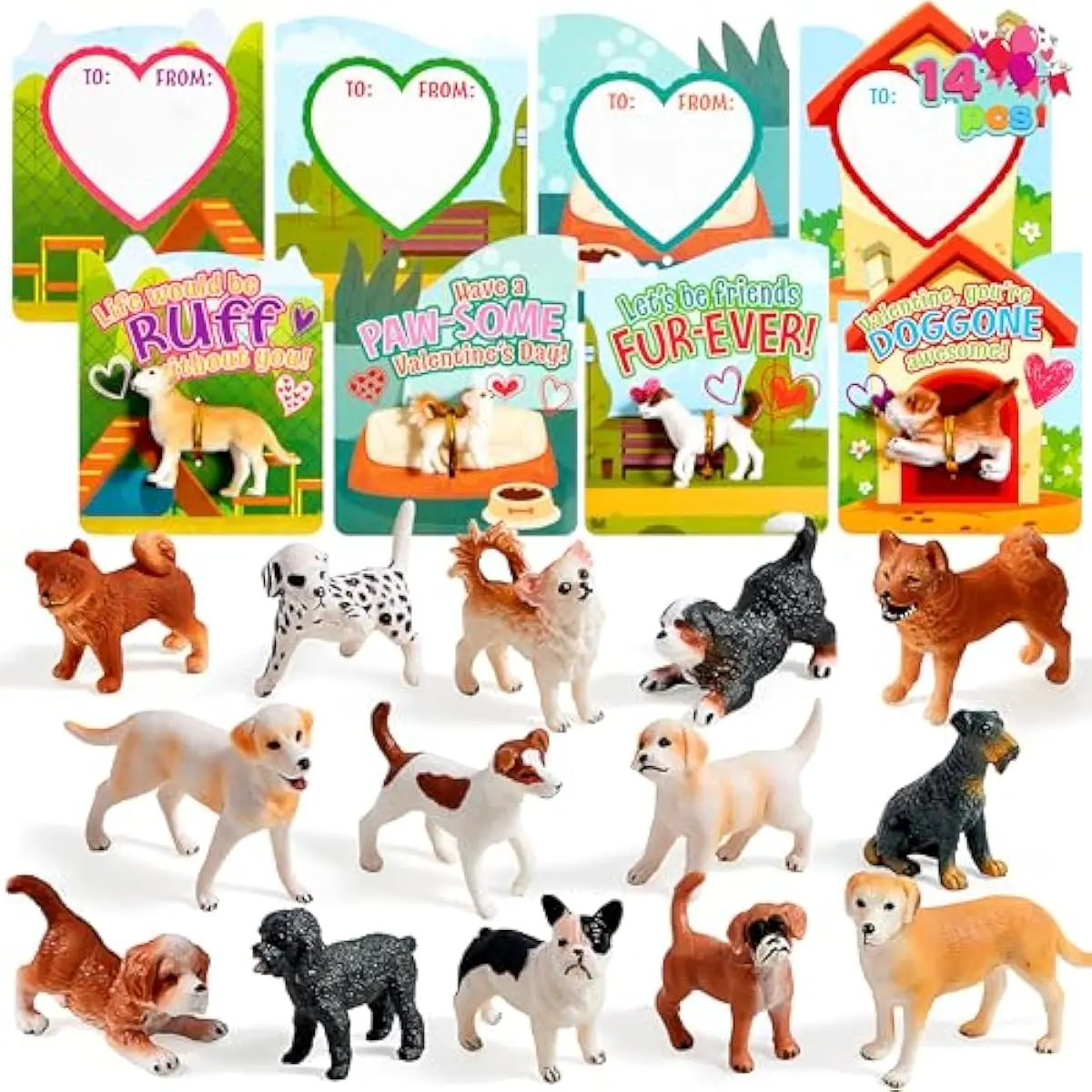 14 Pack Valentines Day Greeting Card with Dog Puppy Figure Toys for Valentine Kids Party Favor, Heart Card School Classroom Exchange Gift Prizes
