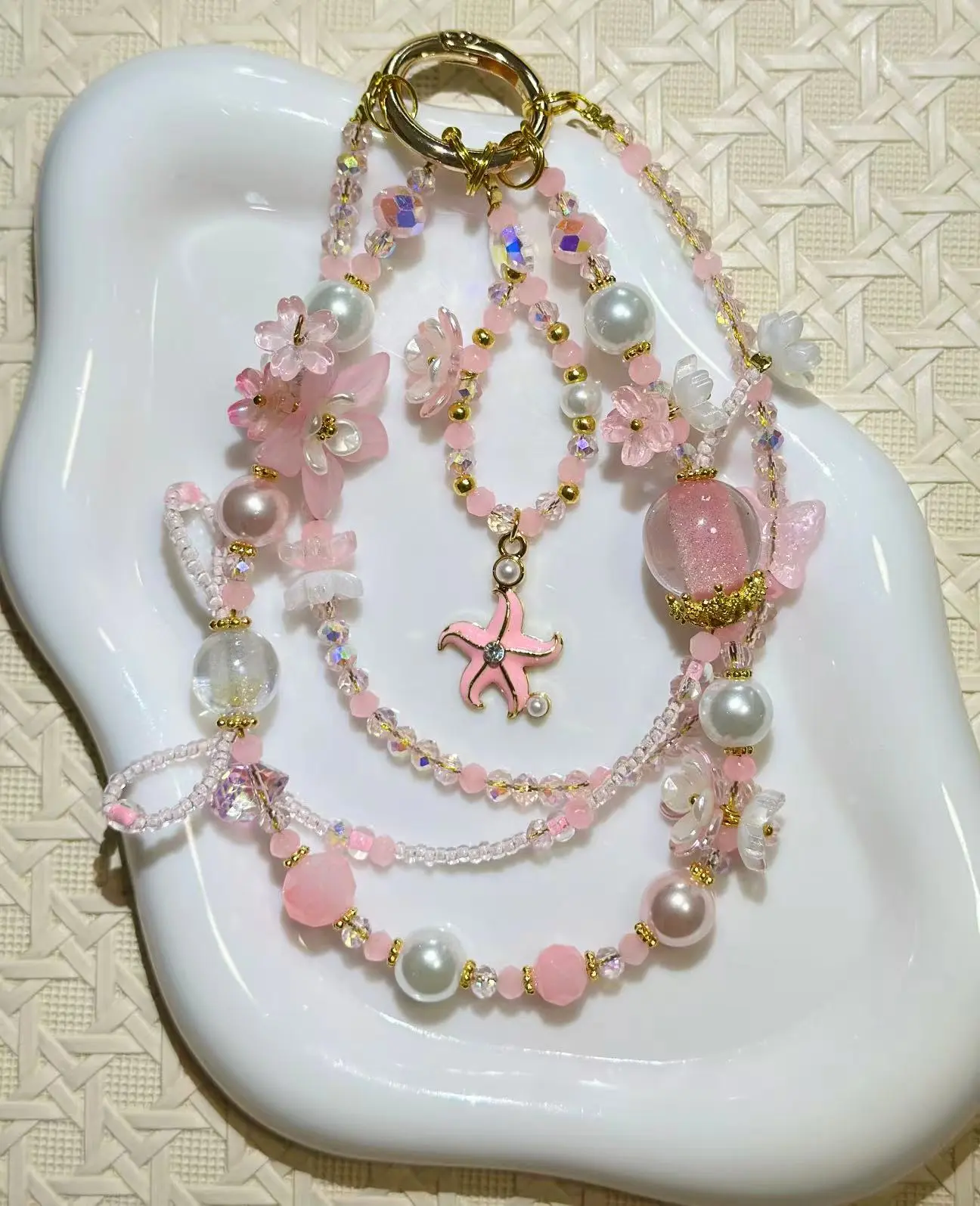 Sweet Pastel Beaded Decorative Pendant Charm, Flower Crystal Multi-strand Ornament, Women's Multi-use Fashion Accessory SJ-525