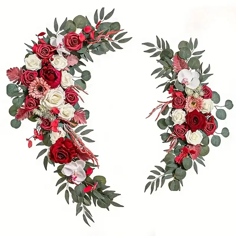 2-piece burgundy wedding arch set, consisting of peony, rose flowers, paired with green leaves and tendrils, suitable for wedding ceremonies, holiday decoration, Floral Decoration, Artificial Flower Decorations, Decorative Flower