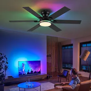52" RGB Ceiling Fans with Lights and Remote APP Black Low Profile Quiet Reversible DC Motor Modern Flush Mount Fans for Bedroom Kids Room-8900