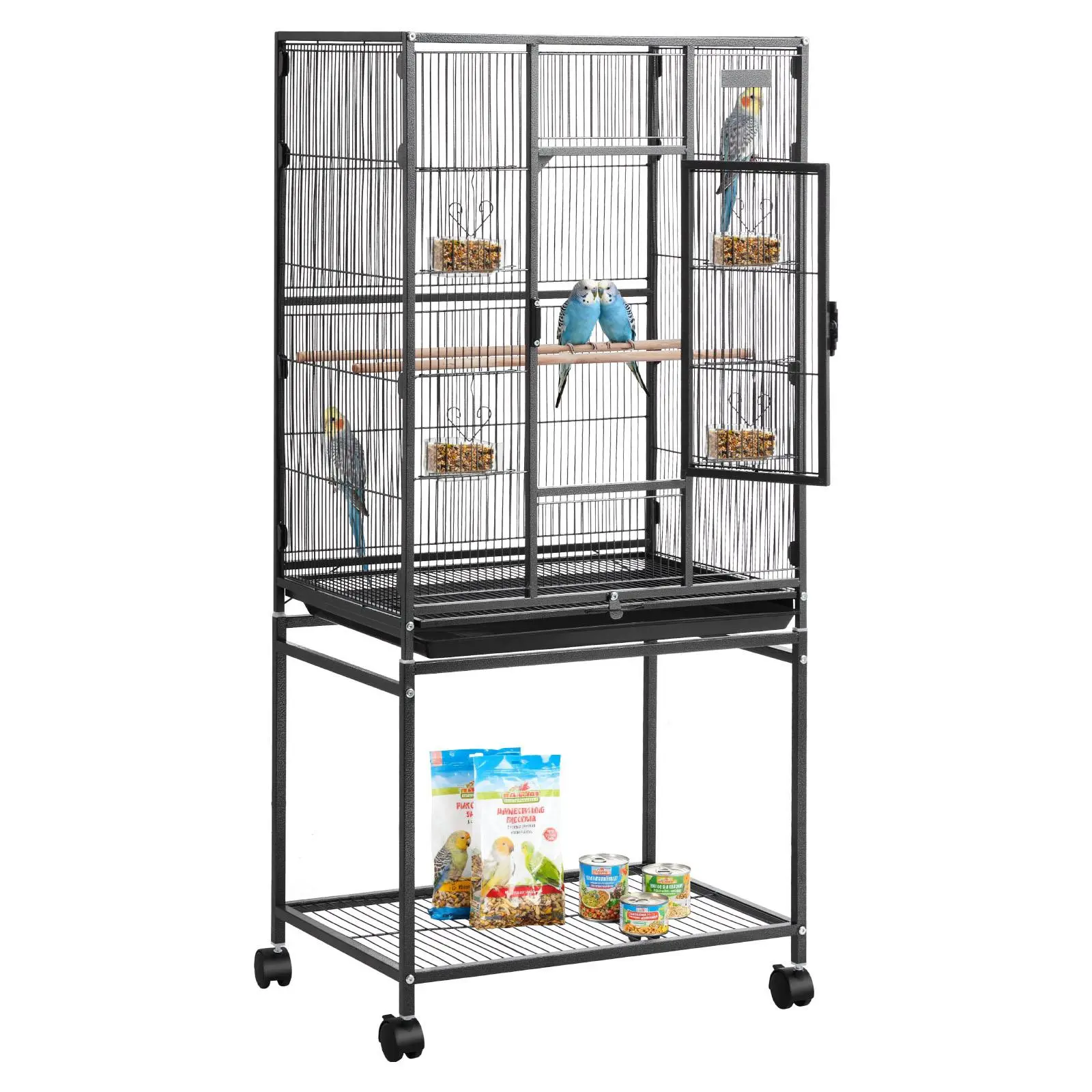 【SummerFinds】VEVOR Bird Cage, 24.6 x 16.7 x 53.9 inch, Flat Top, Wrought Iron Bird Flight Cage with Perches, Slide-Out Tray and Plastic Feeders, Casters, for Parrot, Blue Tit, Cockatiel, Canary, Budgerigar, Conure