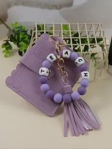 Candy Color Beaded Wrist Keychain with Teach Design, Trendy Cute Keychain, Cute Tassel Card Holder, Lightweight Keychain, Perfect Teacher Gift for Back-To-School Season, Keychain Kawaii, Accessories