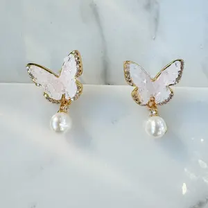 Elegant Freshwater Pearl Dangle Earrings, Pink Crystal with Butterfly Design | 14k Gold-Filled | Perfect Gift for Women