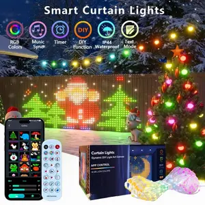 App-controlled smart curtain lights. 400 LEDs sync to music for custom text patterns. Christmas Halloween party wedding indoor outdoor string lights.