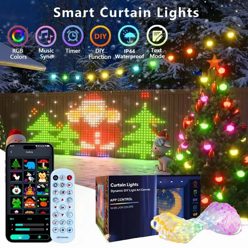 App-controlled smart curtain lights. 400 LEDs sync to music for custom text patterns. Christmas Halloween party wedding indoor outdoor string lights. Multicolor Led Lighting