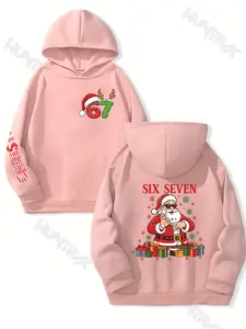 Girls' Fun Number 67 Trendy Santa Claus 3D Cartoon Print Hoodie, Long Sleeve Casual Comfortable Loose Fit Sweatshirt