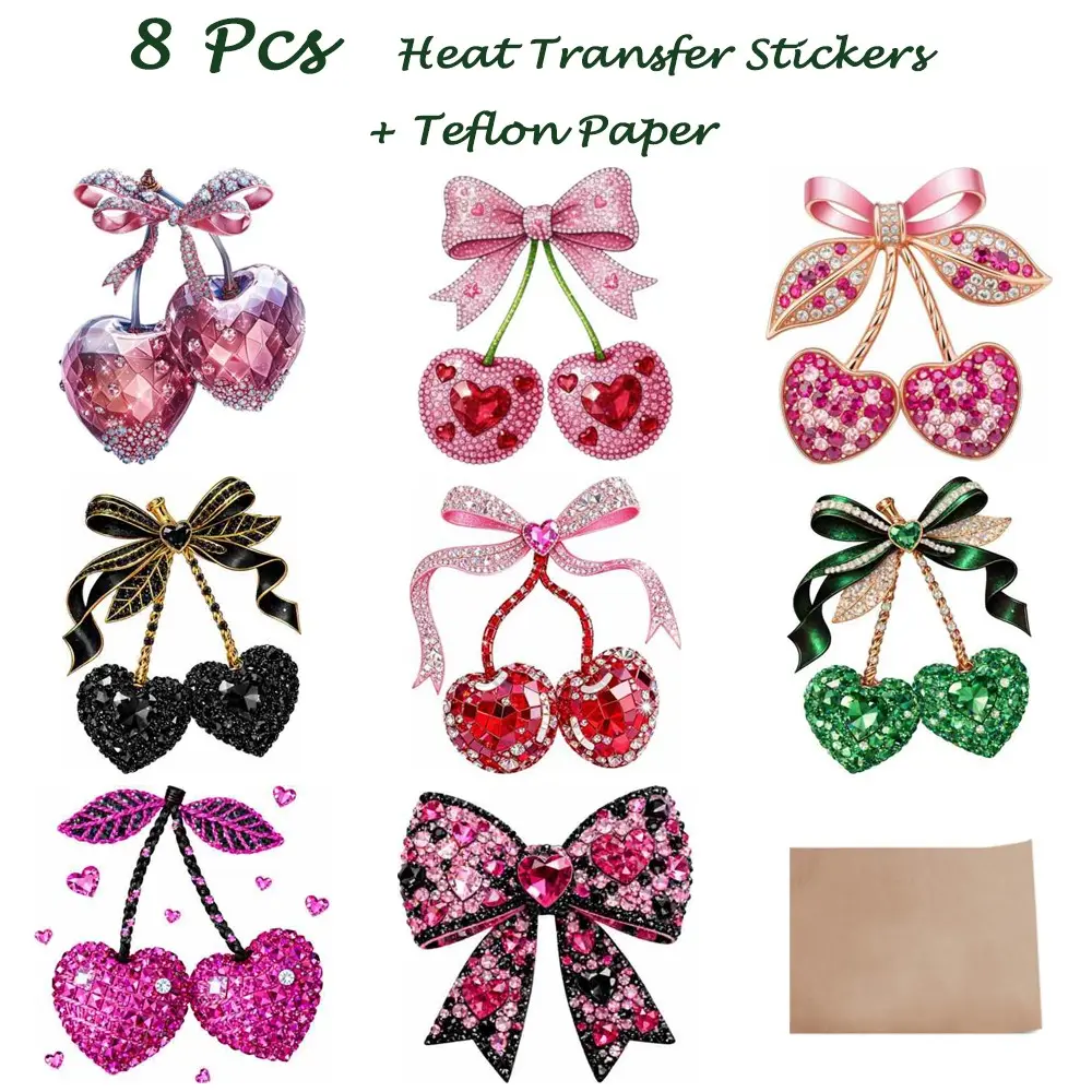 9-Piece DTF Transfer Kit (8 Pieces + 1 Ptfe Paper), Cherry Bow Pattern Heat-Transfer Film for DIY Crafts, DIY Craft Supplies, DIY Material, Ideal for Festive & Holiday Projects, Teflon Paper