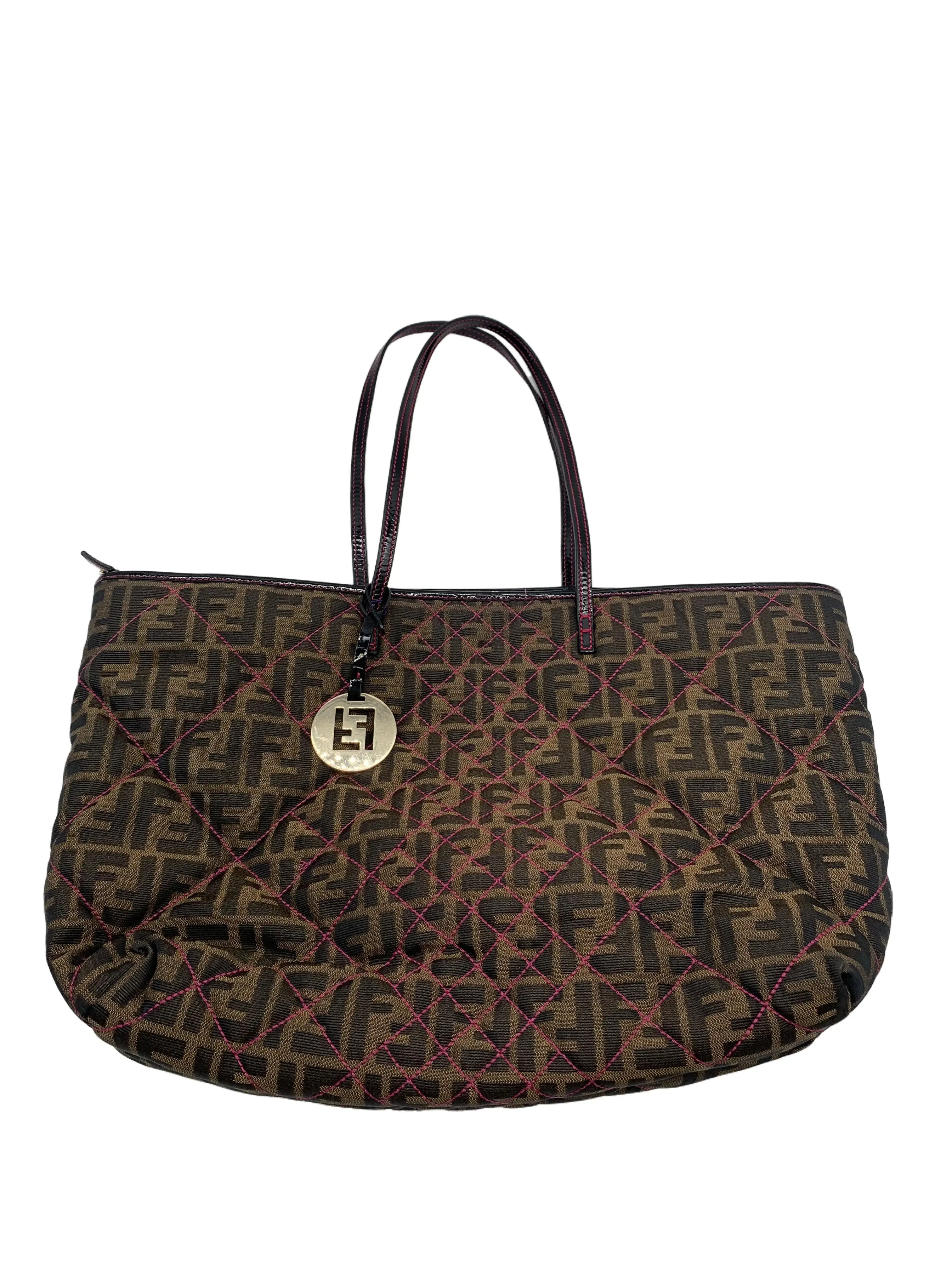 Pre-owned FENDI FF Monogram Quilted Canvas Large Tote Bag Pink Diamond Stitching, Free Dust Bag/EE06216621/6621