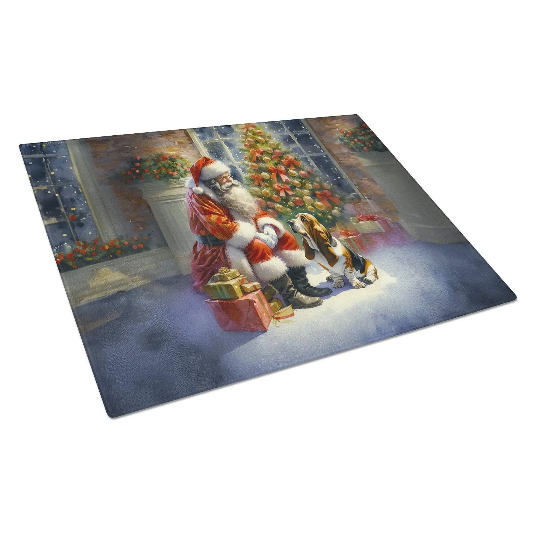 Round Basset Hound & Santa Claus Decorative Artwork Glass Chopping Board, 12 Inches Length, Vibrant, Non-Slip Kitchen Cutting Board