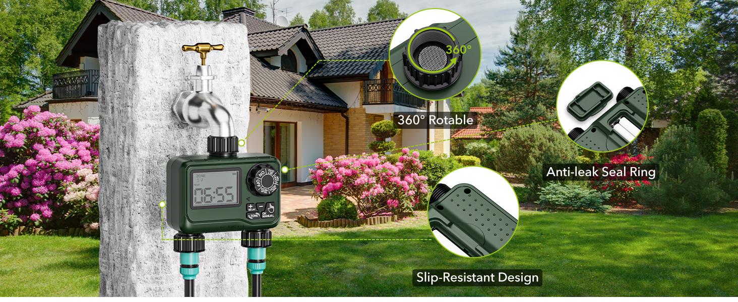 BN-LINK Sprinkler Timer Outdoor - 2 Zone Programmable Water Timer with Rain Delay, Automatic Irrigation System for Lawns & Garden Hoses - Waterproof Manual Controller with Large LCD Display