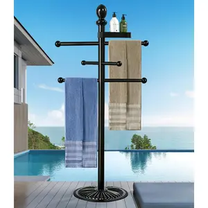 Heavy Duty 6-Bar Metal Outdoor Pool Towel Rack with Top Tray & Heavy Metal Base, Never Tilt Free Standing Drying Towel Stand for Pool and Hot Tub Accessories