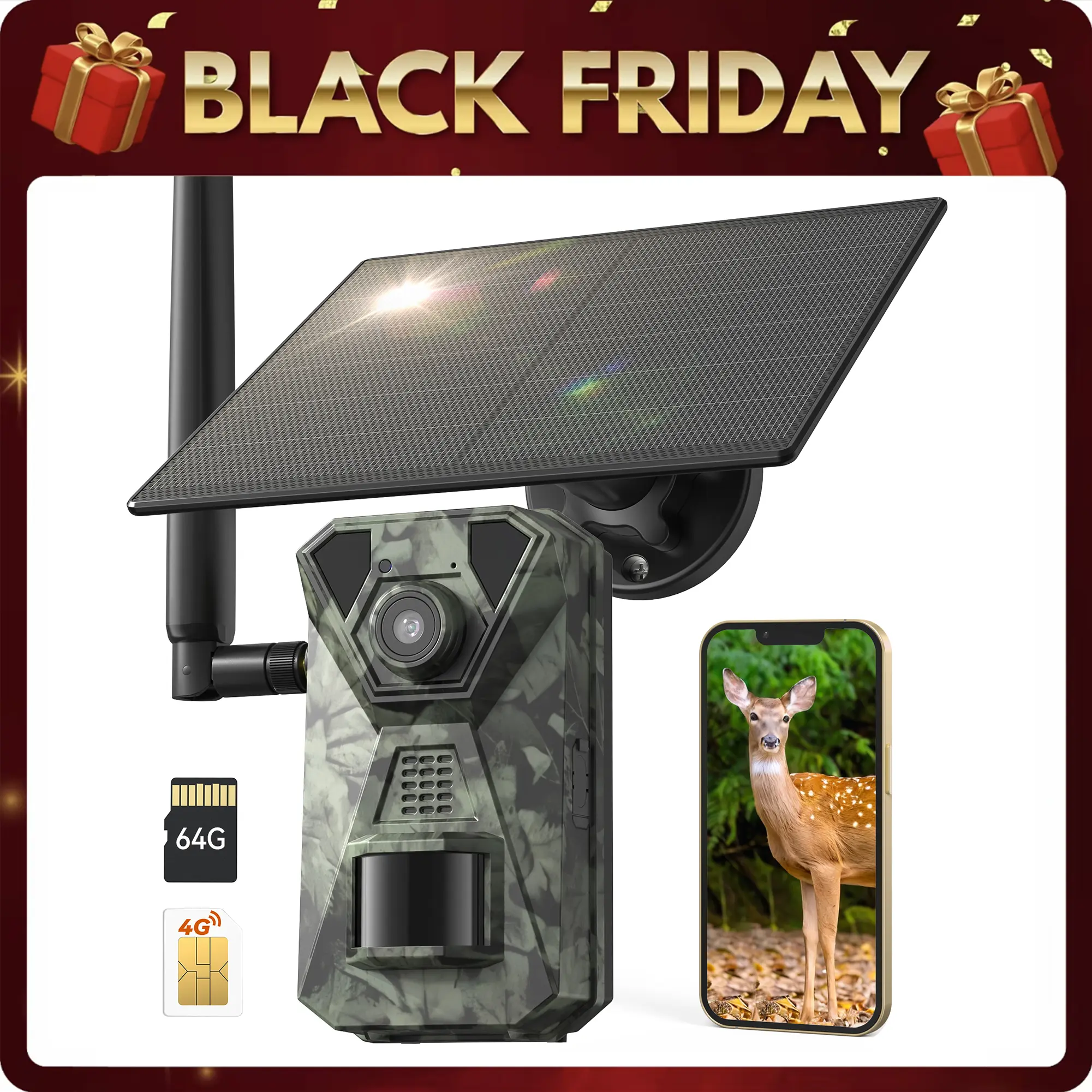 Deatti 4G LTE Cellular Trail Cameras with 64GB SD Card,2.7K HD Solar Game Cameras with Night Vision Motion Activated Waterproof for Wildlife Deer Monitoring 0.1s Trigger Time(with SIM Card)