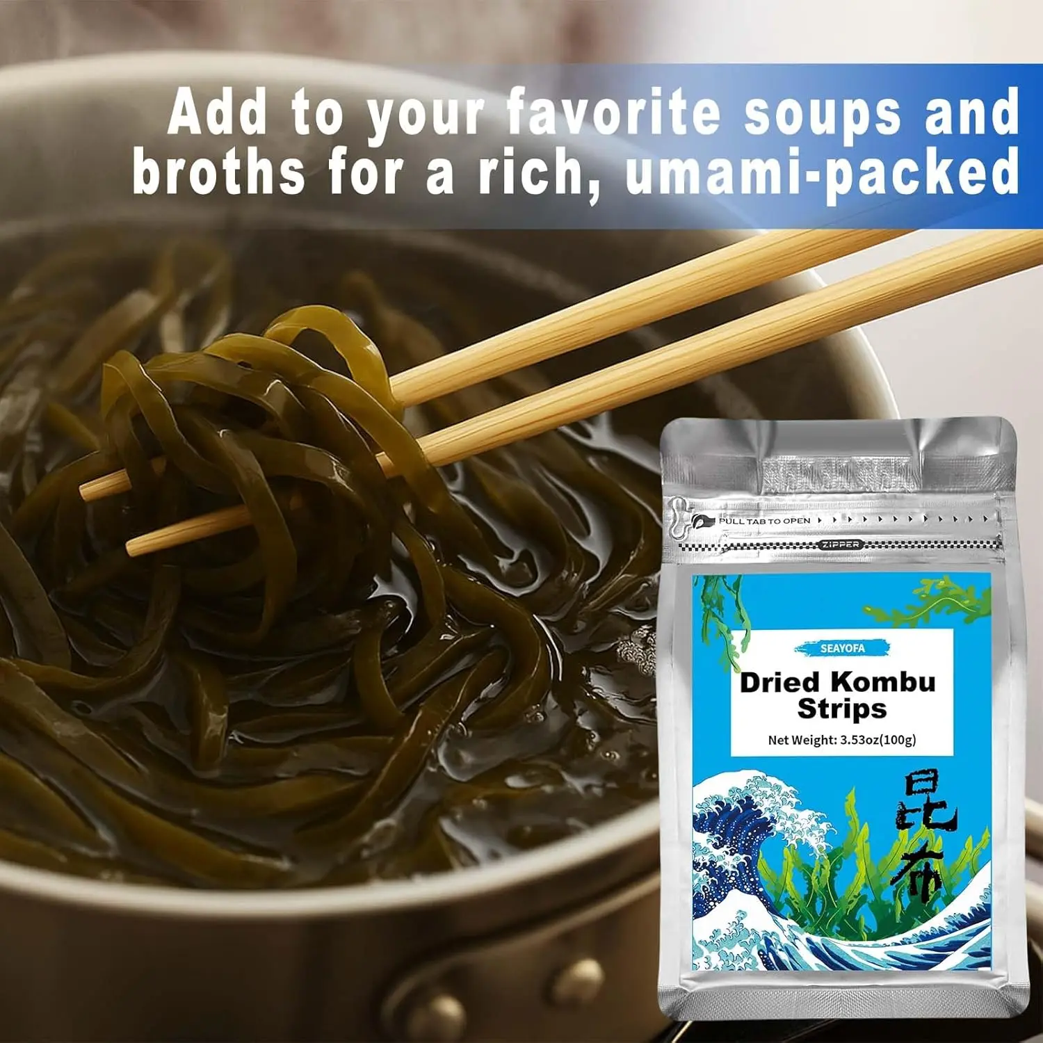 Dry Natural Savory Kombu Seaweed Strips, 3.5oz Sun-Dried Kelp - Plant-Based Sea Vegetable for Dashi, Miso Soup, Broth & Japanese Dishes