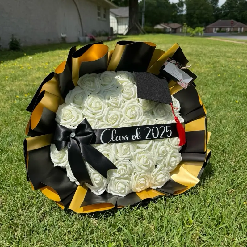 Graduation Eternal Rose Bouquet - White Roses with Black and Gold Ribbon, Class of 2025 Decor Decorative