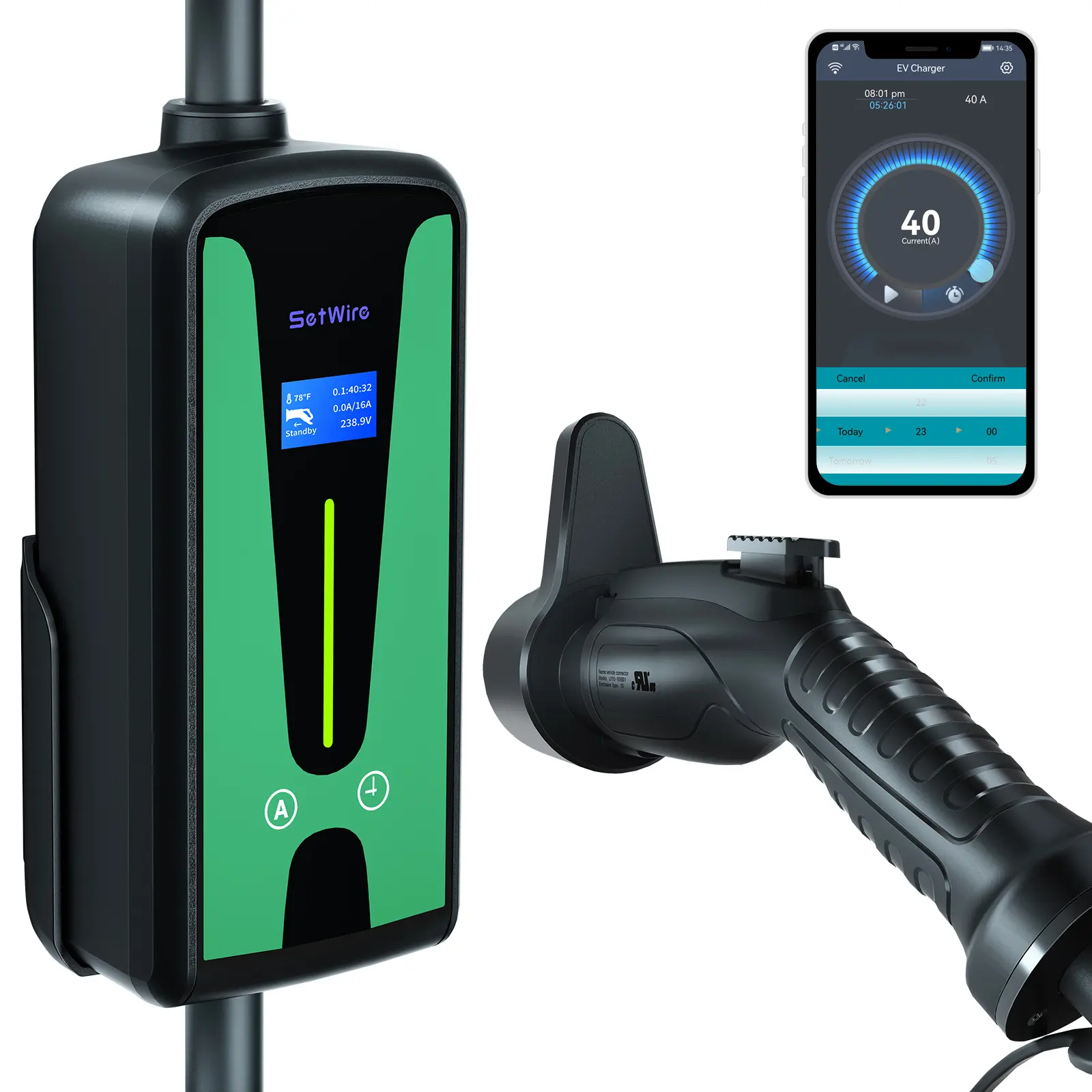 Hardwired 40 Amp Smart Home WiFi Level 2 EV Charger,110-240V,NEMA 14-50 Plug, 23-Foot Cable, Ev Chargers folHome Level 2, Indoor/Outdoor Ev Charging Station (Green)