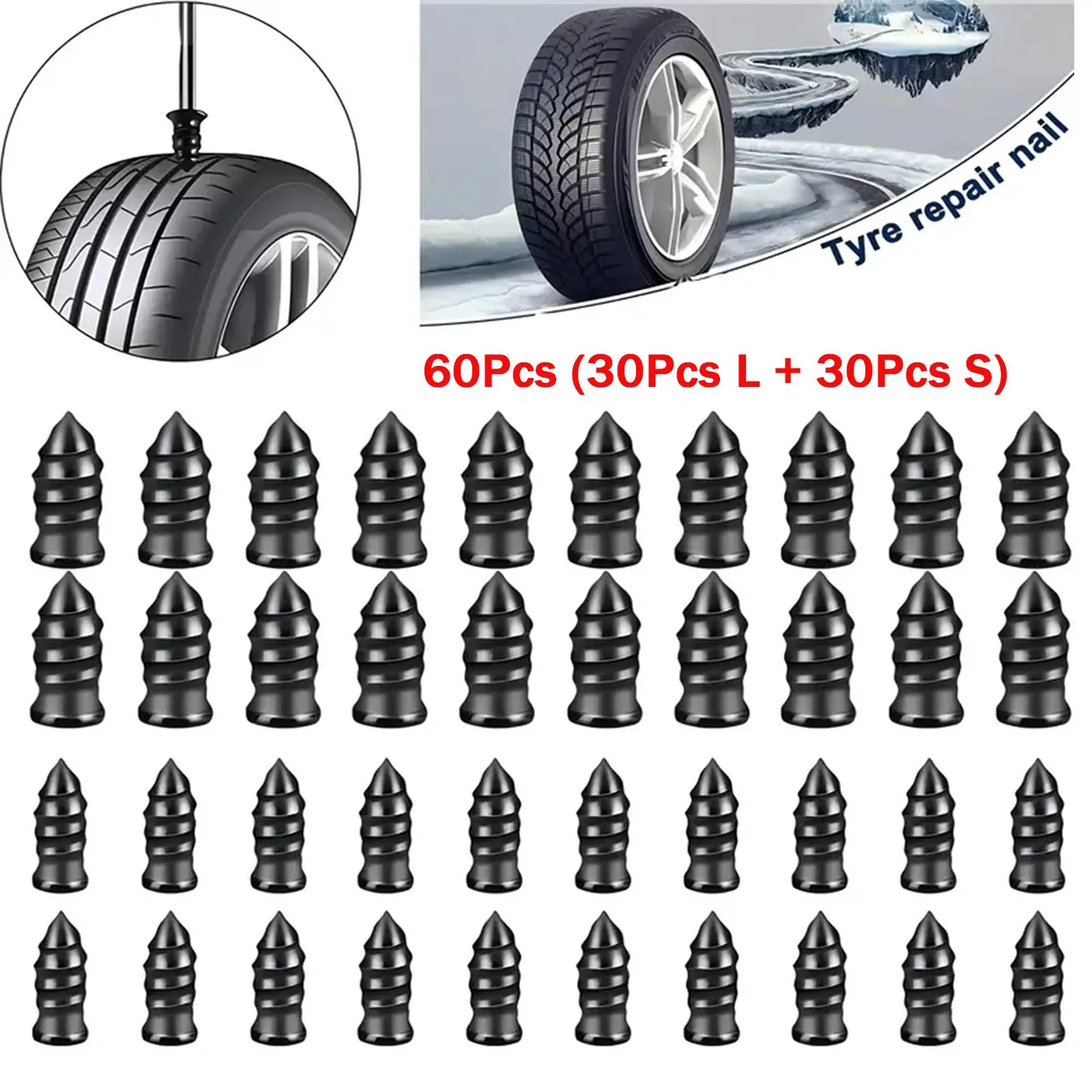 60 Pcs Tire Repair Screws Plug Kit with , Self-service Tire Repair Vacuum Rubber Nails for Car/Motorcycle/Truck/Tractor, Fast Puncture Repair Supplies Car Tire Inflator Vehicle