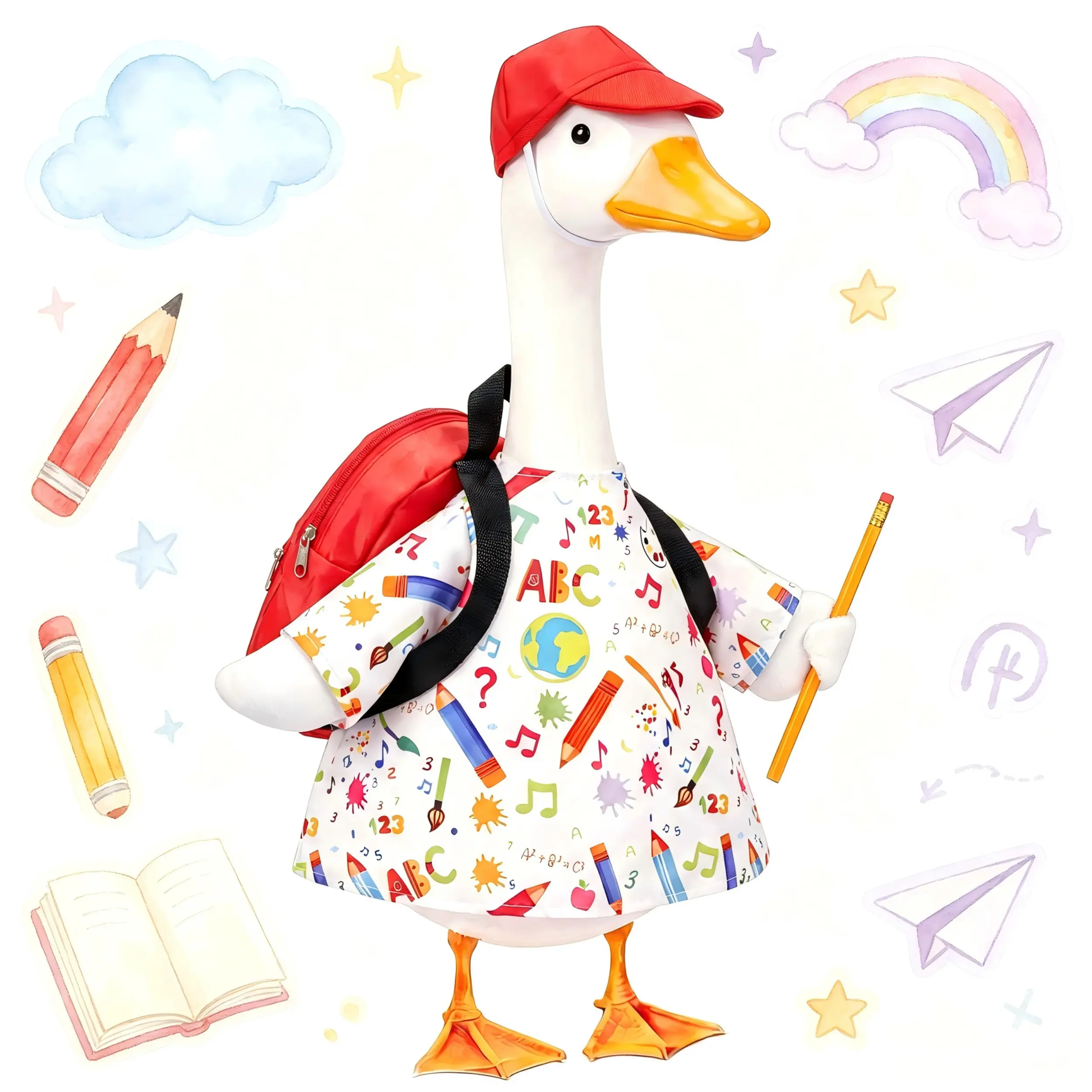 17/23 Inch Back to School Porch Goose Costume, ABC Print Student Shirt, Red Cap, Small Backpack and Pencil for Lawn Goose Figurine, Indoor Outdoor School Season Decoration, Goose Not Included
