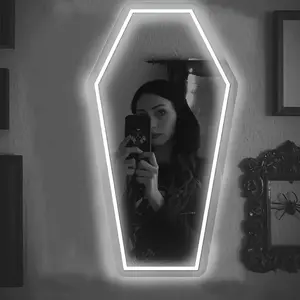 Gothic Elegance Coffin Neon Mirror Acrylic Glass Durable Resistant White Wall Decor for Witch Bedroom Gothic Lovers Gift