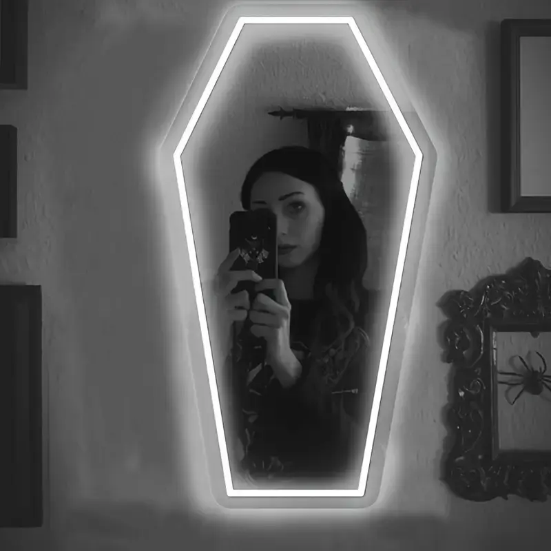 Gothic Elegance Coffin Neon Mirror with Lights, Acrylic Glass, Durable Resistant White Wall Decor for Witch Bedroom, Gothic Lovers Gift