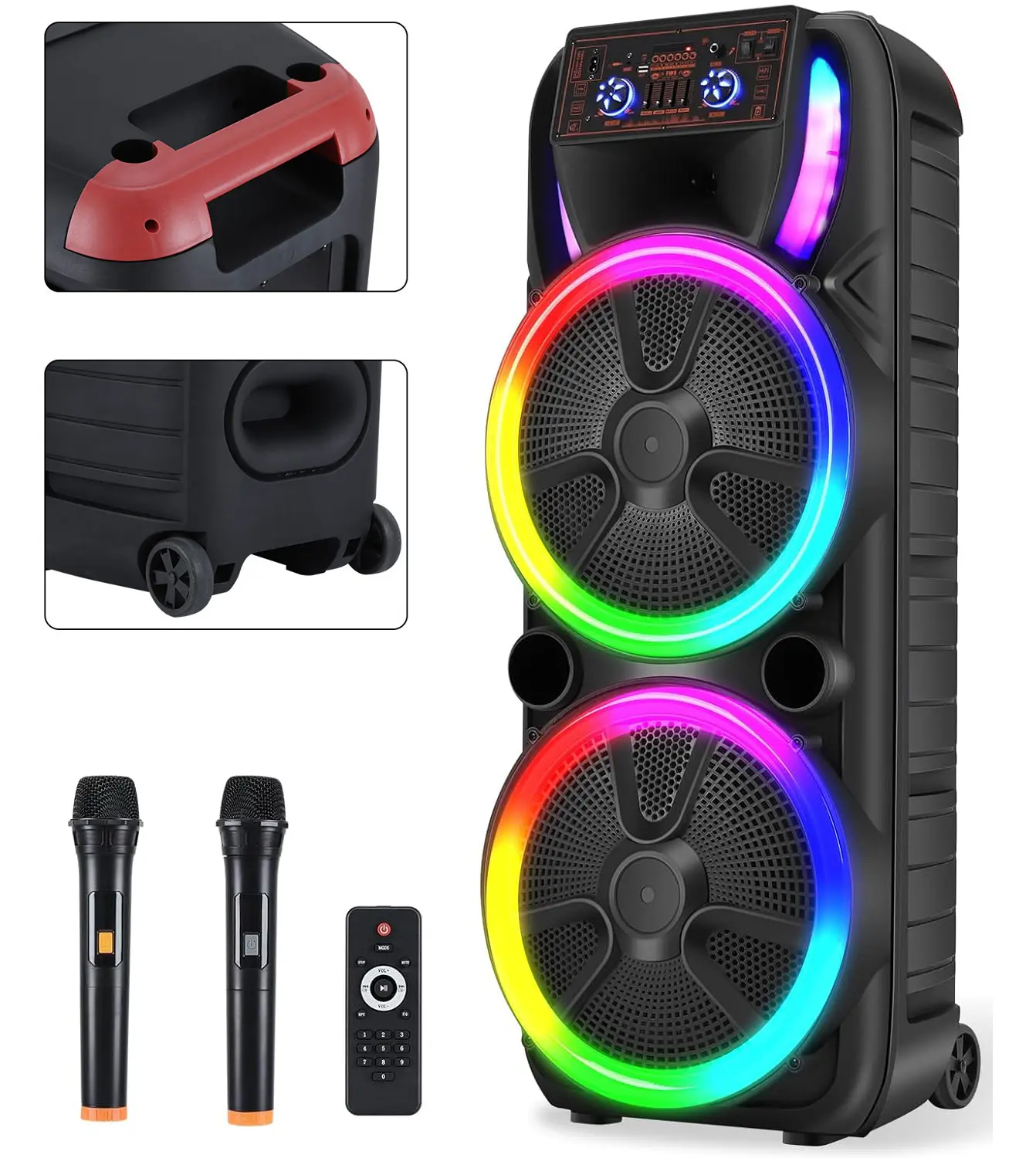 Portable Large Bluetooth PA Speaker System Wireless Rechargeable LED Party Light Dual 15" woofer + 1.5" Tweeter Microphone Remote Control indoor Outdoor Audio