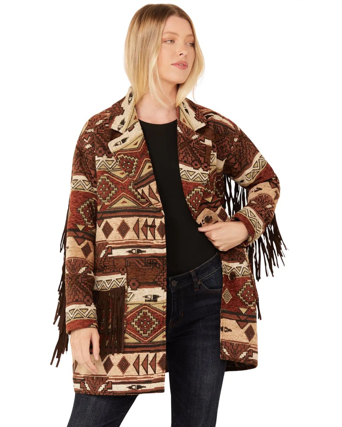 Shyanne Women's Women'S Tribal Tapestry Fringe Coat - Swho23o92