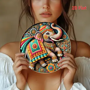 Metal Sign Wall Decor 2D Flat Print Round Iron Hanging Painting with Elephant Pattern for Bar Cafe Club Kitchen Room Decoration Home Art Gift