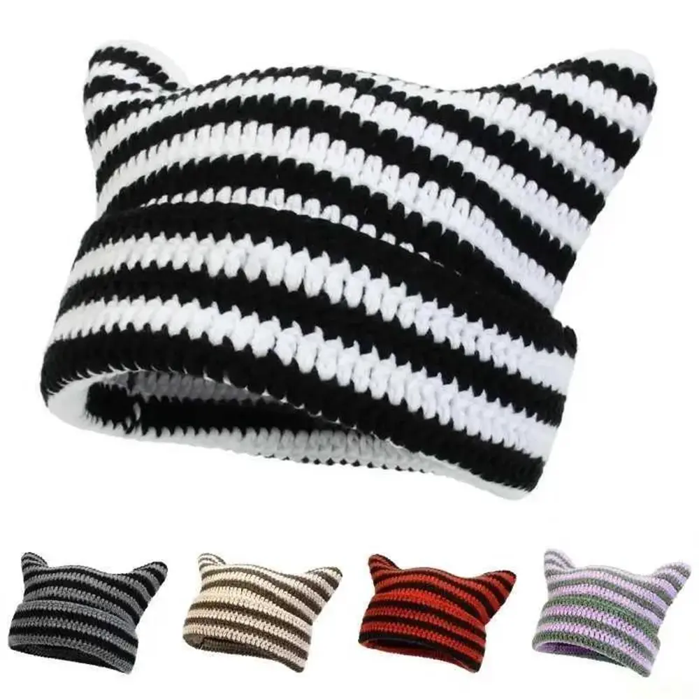 Striped Cat Ear Beanies Hat, Winter Warm Beanie Hat for Women & Men, Crochet Hat for Outdoors, Fashion Y2k Accessories for Fall