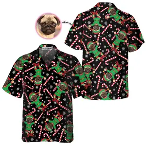 The Pug Elf Custom Hawaiian Shirt, Funny Pug Christmas Shirt For Men & Women, Personalized Christmas Gift, Short Sleeve Casual Button Down Shirts Summer Beach Shirt, Tropical Floral Shirt