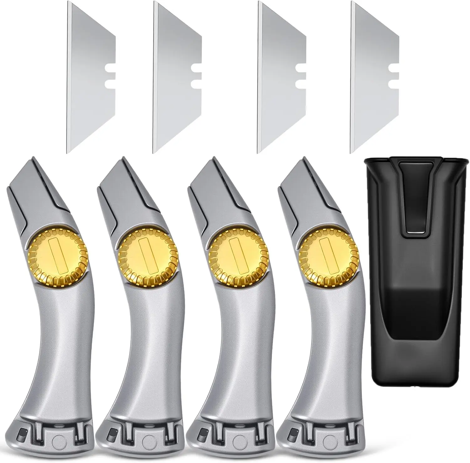 4 Pcs Silver Fixed Blade Roofing Knives with Replacement Blades, Vinyl Drywall Knife Utility Cutter for Drywall, Vinyl, Carpet, Roofer's Tool Set with Holster and Belt Clip