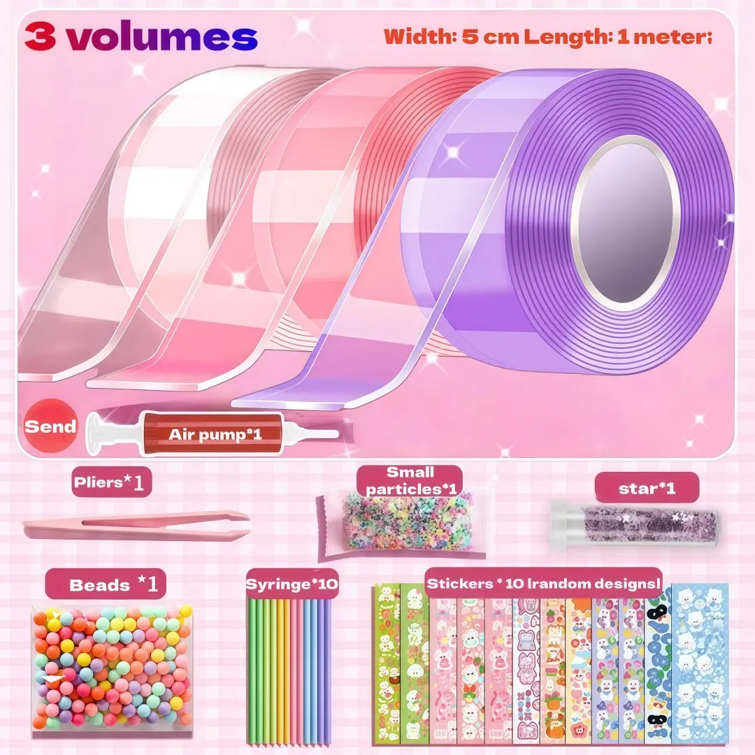 DIY Nanotape Kit, Tape Set, Dual-Sided Adhesive Plastic Tape, Double Sided Tapes for Bubble Blowing, Double Sided Sticky, Includes Air Pump, Straw, Tweezers, Stickers, Perfect for Party Gifts, Crafting, Creative Projects