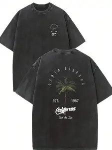 Retro California Style Graphic T Shirt Coconut Tree Printed Short Sleeve Round Neck Washed Cotton Casual Summer Tops For Men Women Daily Street Outdoor Fashion Wear