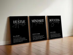 Gym Motivational Wall Art Set of 3 | Hustle Mindset Success Prints | Black Minimalist Typography | Digital Download | Fitness Office Decor