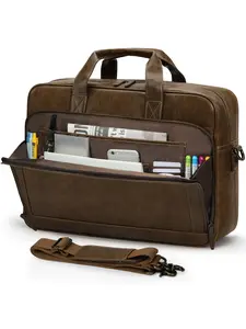 Men's 16 Inch Durable Leather Briefcase, Vintage Messenger Bag, Large Capacity Multiple Pockets Crossbody Backpack, Office Laptop Bag, Retro College Style
