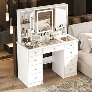 FUFUGAGA-43.3"W Vanity Desk With 9 Drawers, Makeup Desk With 3-Mirror And Touch Screen Light, Dressing Makeup Table For Bedroom