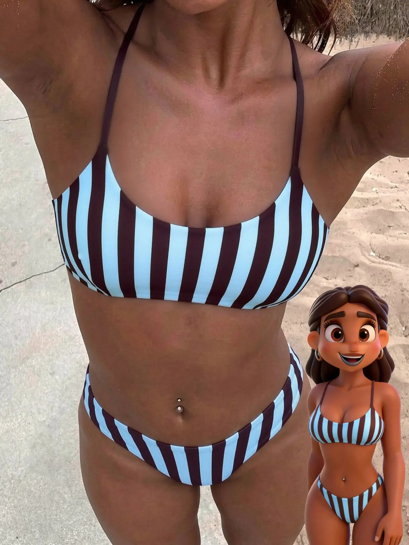 Women's Swimsuit, Bikini Sets, striped colour block beachwear swimsuit summer Brown blue boyshort pants, Casual, Y2k, Streetwear, Vacation Outfits, Music Party, Pool