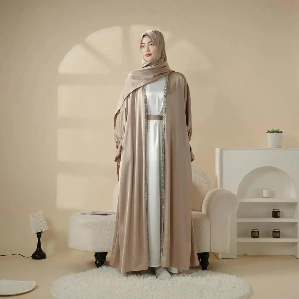 Women's Satin 4-Piece Modest Abaya Set - Long Poet Sleeves, Gem Details, Inner Dress, Hijab, Belt, Slightly Transparent, for Formal Events, Weddings, Evening Occasions, Spring Traditional Islamic Outfit