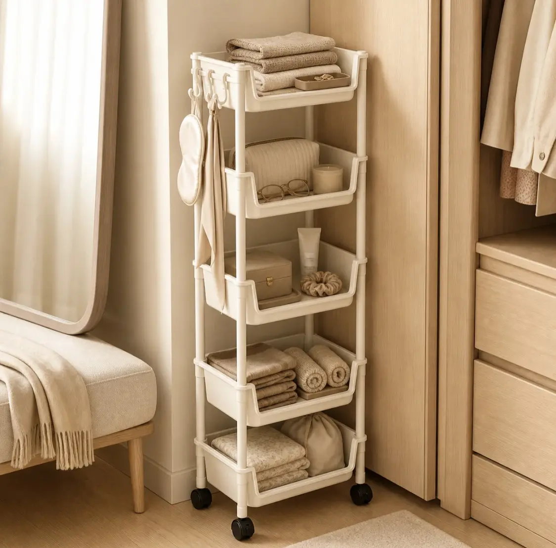 5-Layers Large Plastic Rolling Organizer Rack - Slide-Design Multi-Shelf Vertical Organizer Utility Cart, Tool-Free Storage Organization Solution for Dorm Room Book/Snack Storage