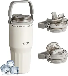 TKK 24 oz Lightweight Ceramic Coated 18/10 Stainless Steel Insulated Tumbler, Silicone-Sealed Leakproof Car Cup with Straw Lid, Handle, Tea Infuser, Plastic-Free, BPA/Lead-Free, Dishwasher Safe for Hot/Cold Drinks