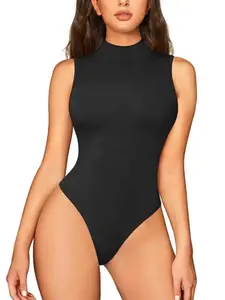 Women's Basic Plain Mock Neck High Compression Lady Shapewear Bodysuit - High Stretch Fabric Womenswear, Breathable, Solid, for Summer Daily Wear Underwear, Tummy Control Shapers