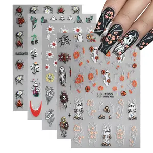Halloween Nail Art Stickers 5 Sheets 3D Self-Adhesive Flower Ghost Horror Nail Decals Cute Hibiscus Spider Web Skull Nail Decorations for Halloween Party Manicure Art