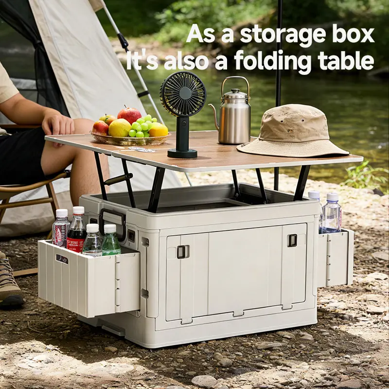 Collapsible 2-in-1 Outdoor Camping Storage Box Table - Heavy-Duty High-Strength PP Organizer with Multi-Zone Side Storage Baskets, 130lbs Load Capacity, Easy-to-Store Design