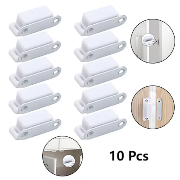 10 Pcs White Plastic Magnetic Door Catches - Cabinet Magnet Door Closers with Powerful Magnet, Strong Hold, Smooth Surfaces, Screw-Mounted Easy Setting, Simple But Strong Durable Hardware for Kitchen Cabinets, Cupboards