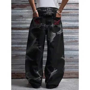 Men's High Cotton Red Embroidery Baggy Jeans, Black Tie‑Dye Washed Wide Leg Denim Pants, Streetwear Hip Hop Loose Fit Casual Trousers for Men
