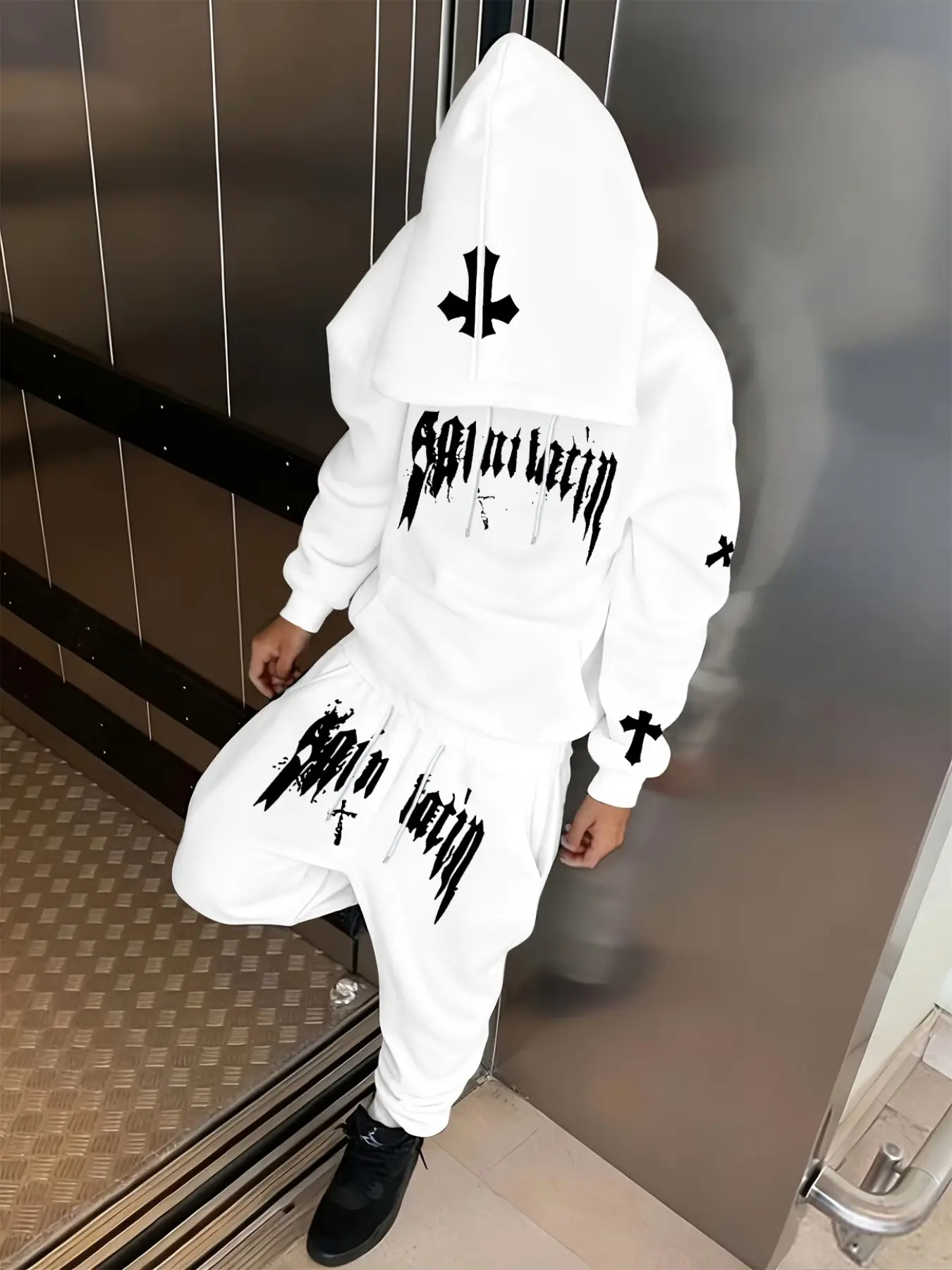 White Oversized Gothic Graphic Hoodie & Jogger Set - Dark Streetwear Outfit, Casual, Gothic Streetwear, Soft Fabric for Street Style Gatherings & Daily Outings, Bold Gothic Font+Cross Design That Stands Out, Versatile Loose Fit for Easy Match