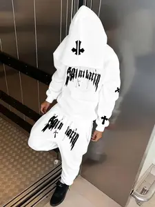 White Oversized Gothic Graphic Hoodie & Jogger Set - Dark Streetwear Outfit, 2026 Trending Gothic Streetwear, Soft Fabric Perfect for Street Style Gatherings & Daily Outings, Bold Gothic Font+Cross Design That Stands Out, Versatile Loose Fit for Easy Matc