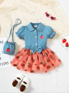 Fashion Strawberry Print Short Sleeve Shirt and Bow Decor Mesh Skirt Set with Small Satchel Bag for Girls' Daily Wear & Parties